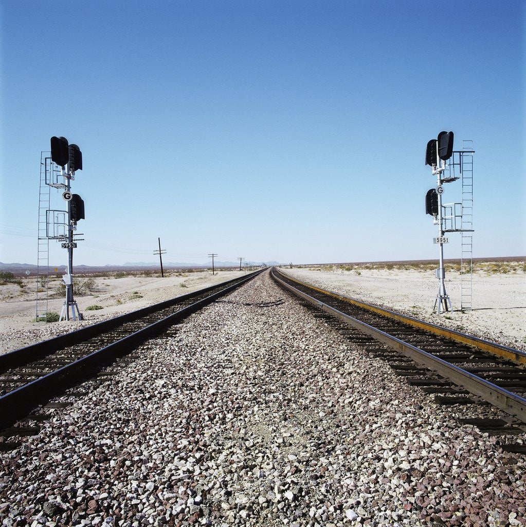 Detail of Railroad tracks running through desert setting by Anonymous