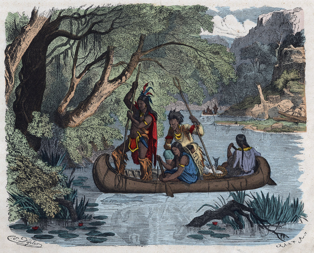 Detail of 19th-Century Illustration of Native Americans Fishing from a Canoe by Anonymous