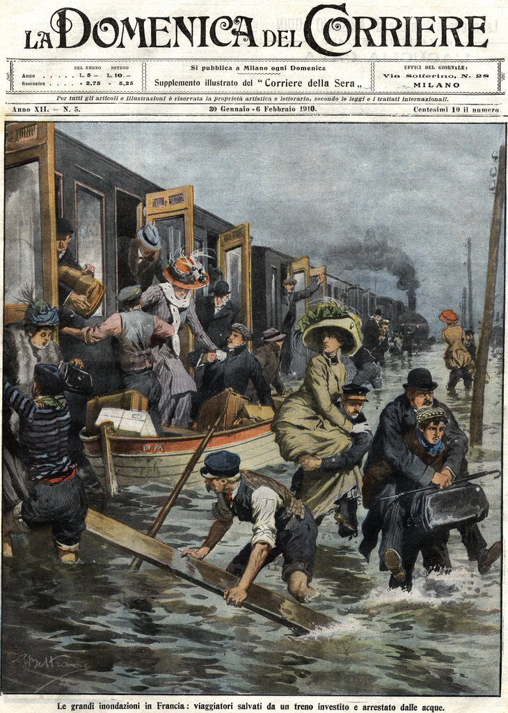Detail of Illustration of Railroad Passengers Being Helped During a Paris Flood by Anonymous
