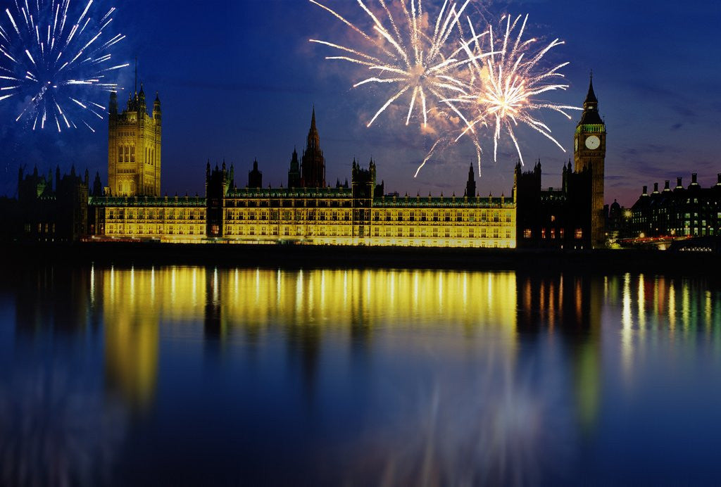 Detail of Fireworks exploding over the Houses of Parliament and the river Thames, London, England by Anonymous