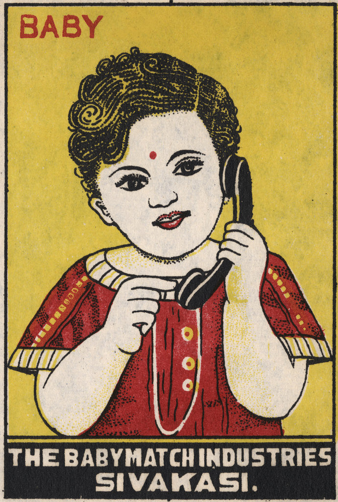 Detail of Indian Matchbox Label with a Girl Holding a Telephone by Anonymous