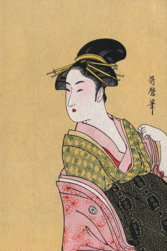 Detail of Japanese Matchbox Label with a Woman in a Pink and Green Kimono by Corbis