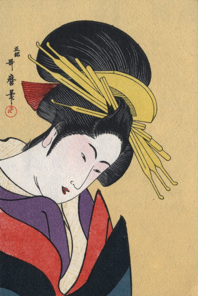 Detail of Japanese Matchbox Label with a Woman Wearing Traditional Hair Ornaments by Corbis