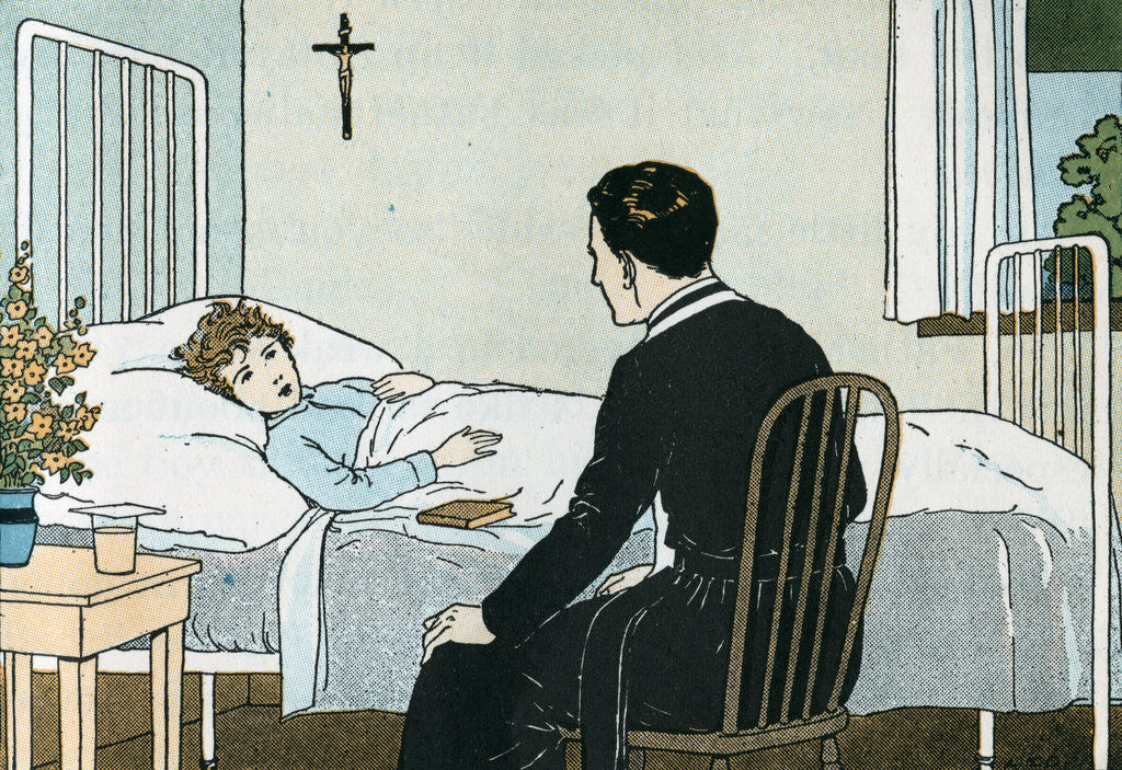 Detail of Illustration of a Priest Talking to a Sick Child by L. Kate Deal