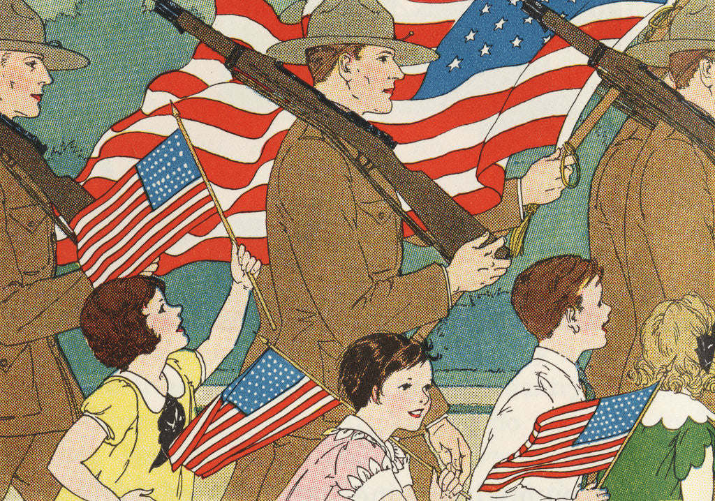 Detail of Illustration of Children Marching with Soldiers in a Memorial Day Parade by Anonymous