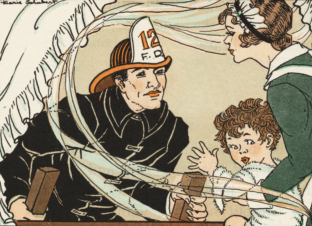 Detail of Illustration of a Fireman Rescuing a Woman and Child by Marie Schubert