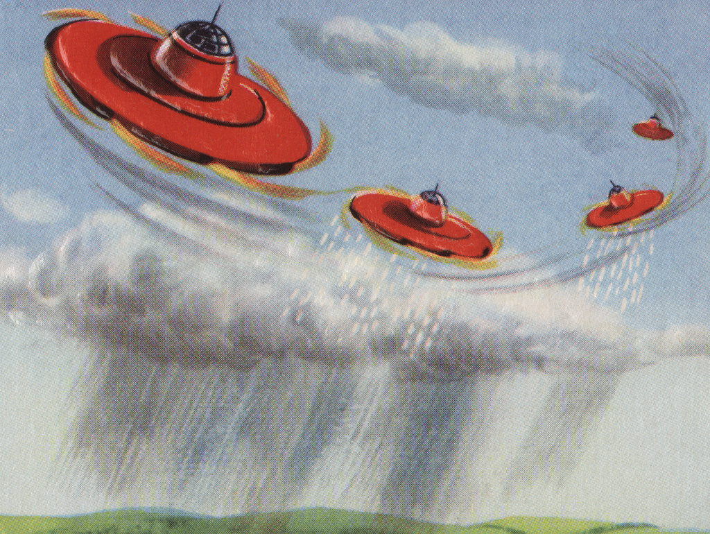 Detail of Biekens Pictorial Sticker with Flying Saucers by Anonymous