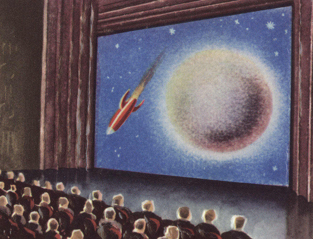 Detail of Biekens Pictorial Sticker with People Watching an Outer Space Movie by Anonymous
