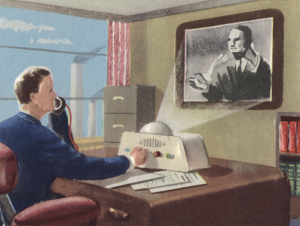 Detail of Biekens Pictorial Sticker with an Executive Using a Video Telephone by Anonymous
