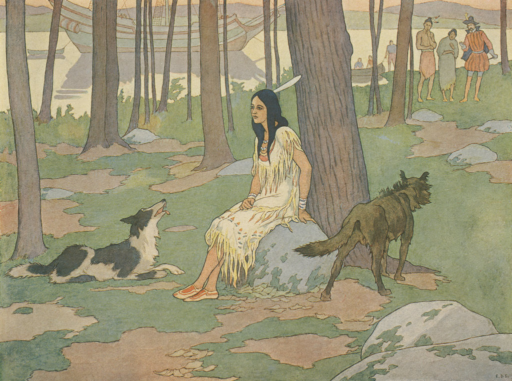 Detail of Book Illustration of Pocahontas Waiting in Woods by E. Boyd Smith