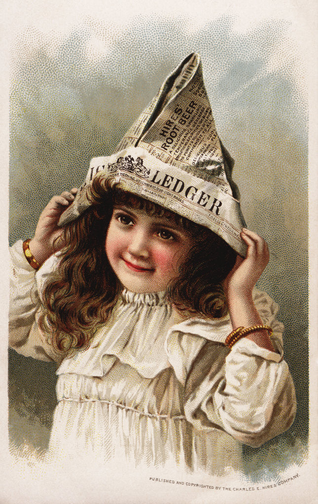Detail of Hire's Root Beer Trade Card with Girl Wearing a Newspaper Hat by Corbis