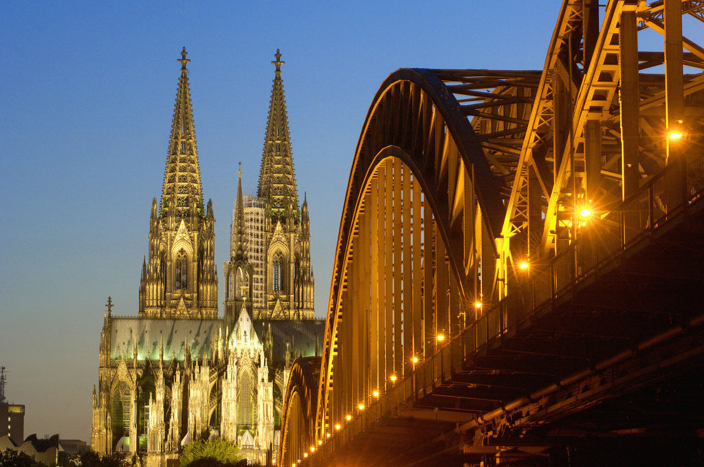 Detail of Cologne Cathedral and Hohenzollern Bridge on Rhine River by Anonymous