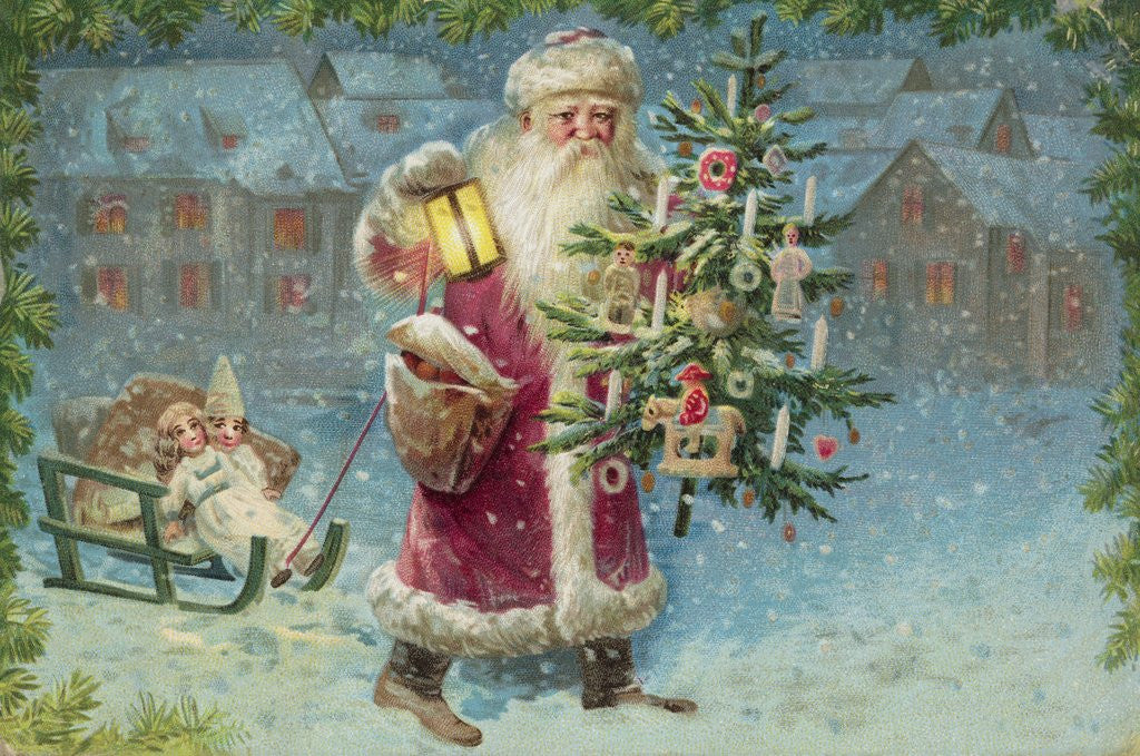 Detail of Postcard with Santa Claus Holding a Christmas Tree by Corbis