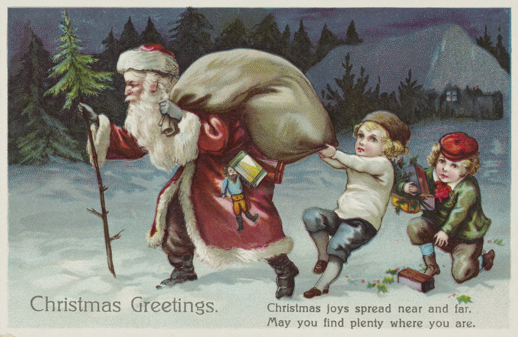 Detail of Christmas Greetings Postcard with Santa Claus and Two Children by Anonymous