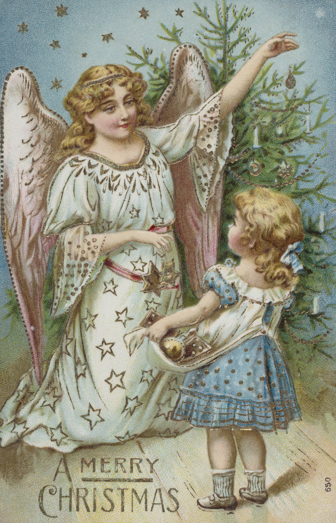 Detail of A Merry Christmas Postcard with an Angel and Little Girl by Corbis