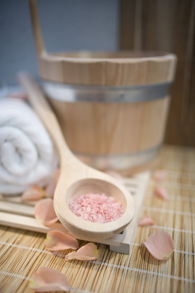 Detail of Tub, Wooden Spoon with Bath Salts, and Petals by Anonymous