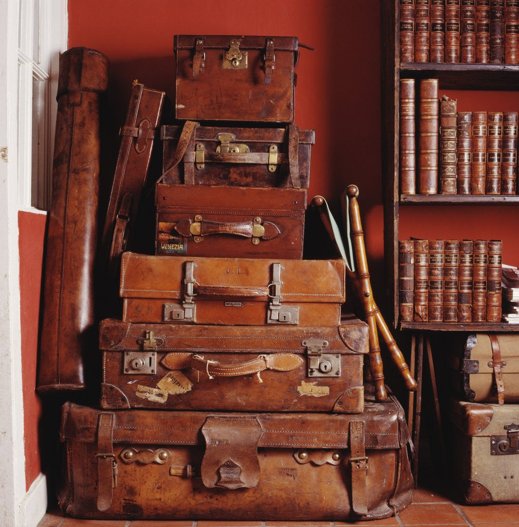 Detail of Stack of Antique Leather Suitcases by Anonymous