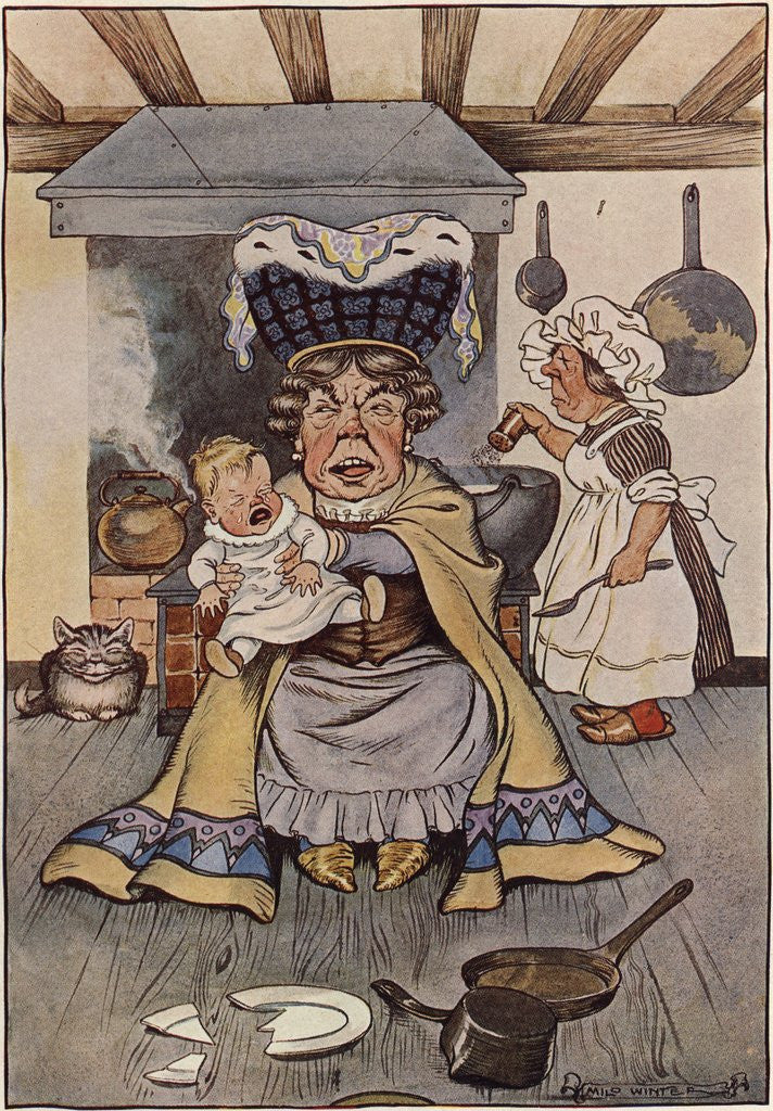 Detail of The Duchess Was Sitting on a Three-Legged Stool, Nursing a Baby Illustration by Milo Winter
