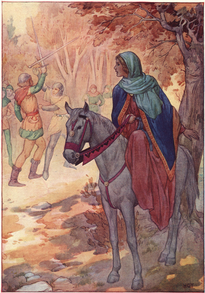Detail of Illustration of Maid Marian Watching a Sword Fight by Harry G. Theaker