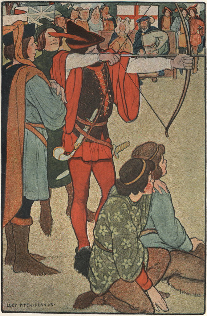 Detail of Illustration of Robin Hood Taking Aim by Lucy Fitch Perkins
