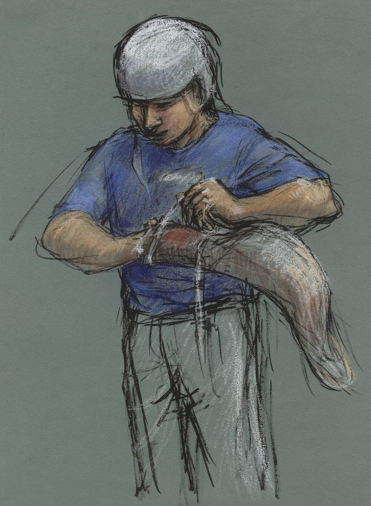Detail of Illustration of a Jai Alai Player Putting on a Cesta by Alexandra Day