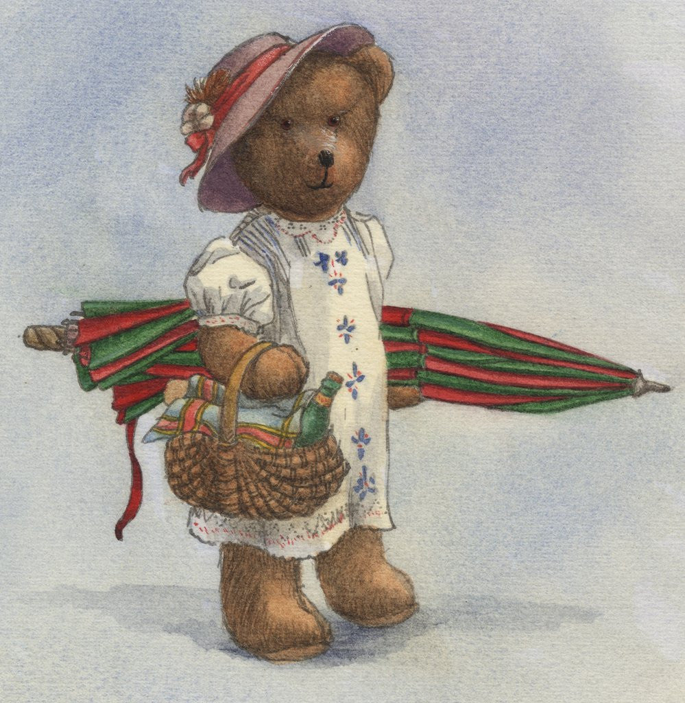 Detail of Illustration of a Teddy Bear with a Picnic Basket by Alexandra Day