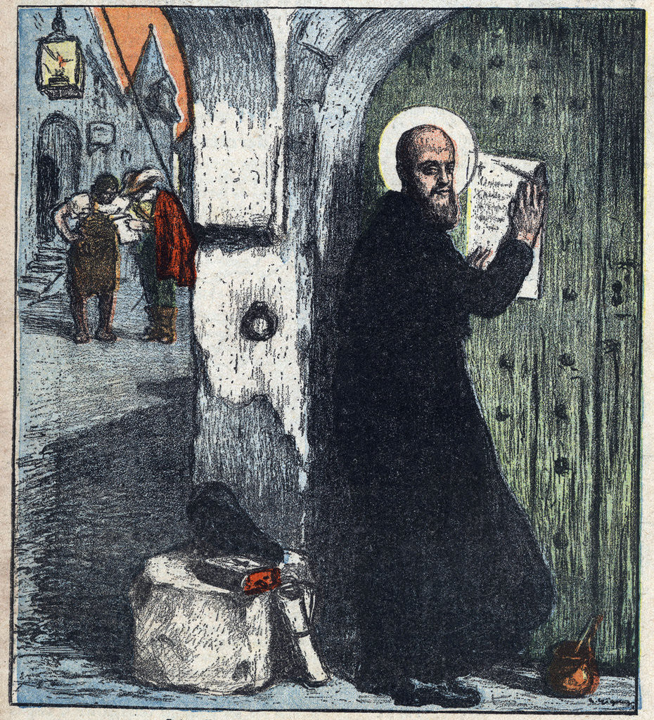 Detail of Illustration of Saint Francis of Sales Posting Tracts on Protestant Homes by Anonymous