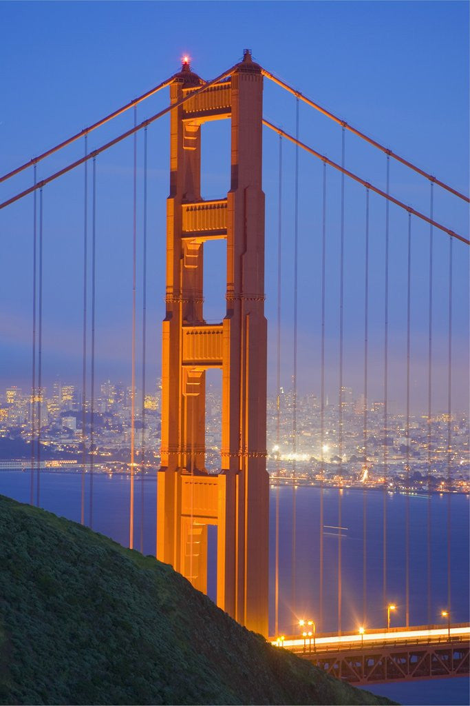 Detail of Tower of Golden Gate Bridge and San Francisco at Dusk by Anonymous