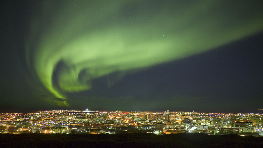 Detail of Aurora Borealis over Reykjavik by Corbis