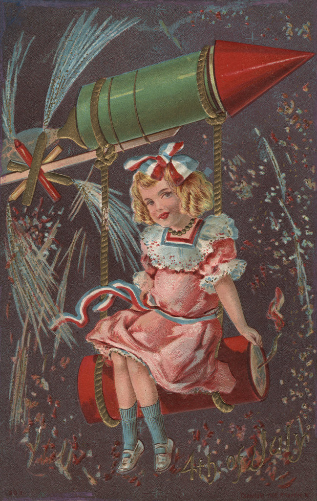 Detail of Fourth of July Postcard with a Girl and a Rocket by Anonymous