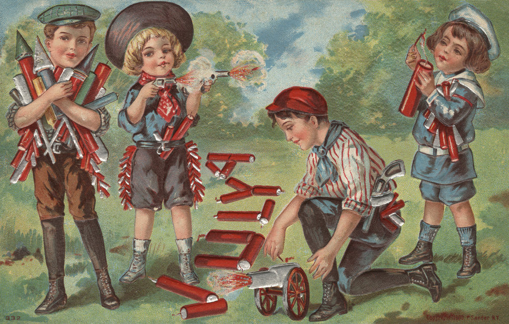 Detail of Fourth of July Postcard with Children and Firecrackers by Corbis