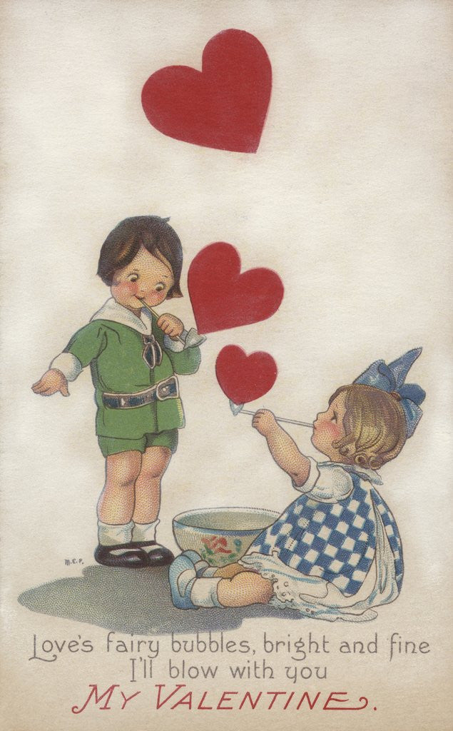 Detail of My Valentine Postcard with Children Blowing Heart Bubbles by Corbis