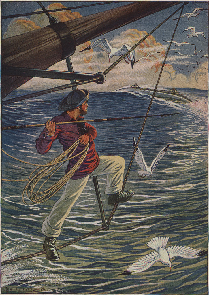 Illustration of Ned Land with a Harpoon