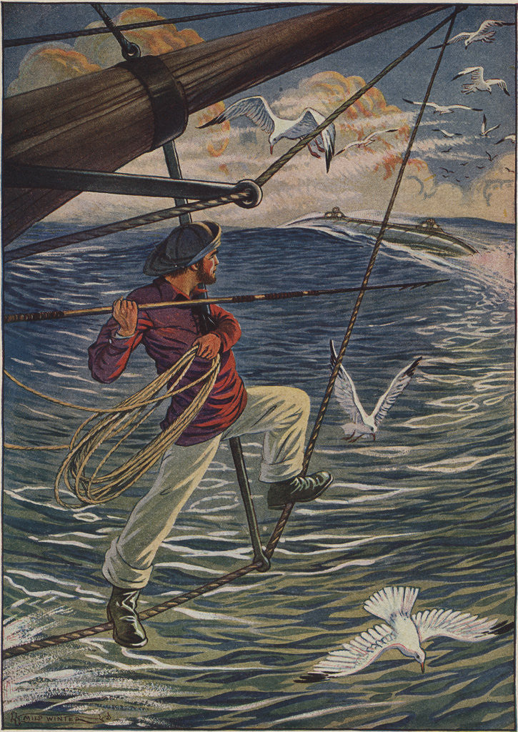Detail of Illustration of Ned Land with a Harpoon by Milo Winter