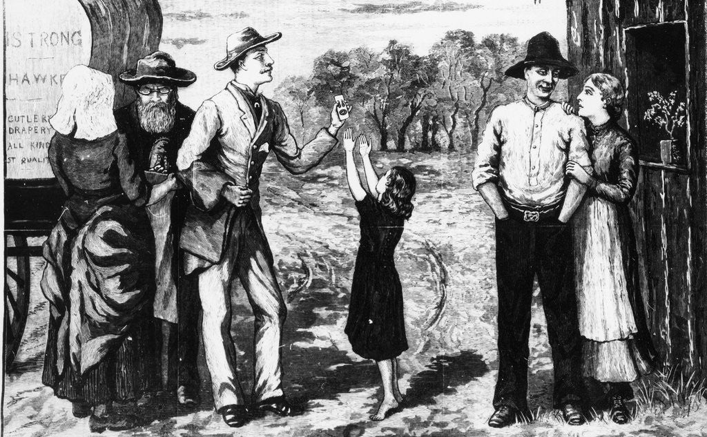 Detail of A bush hawker selling an item to a child by Anonymous