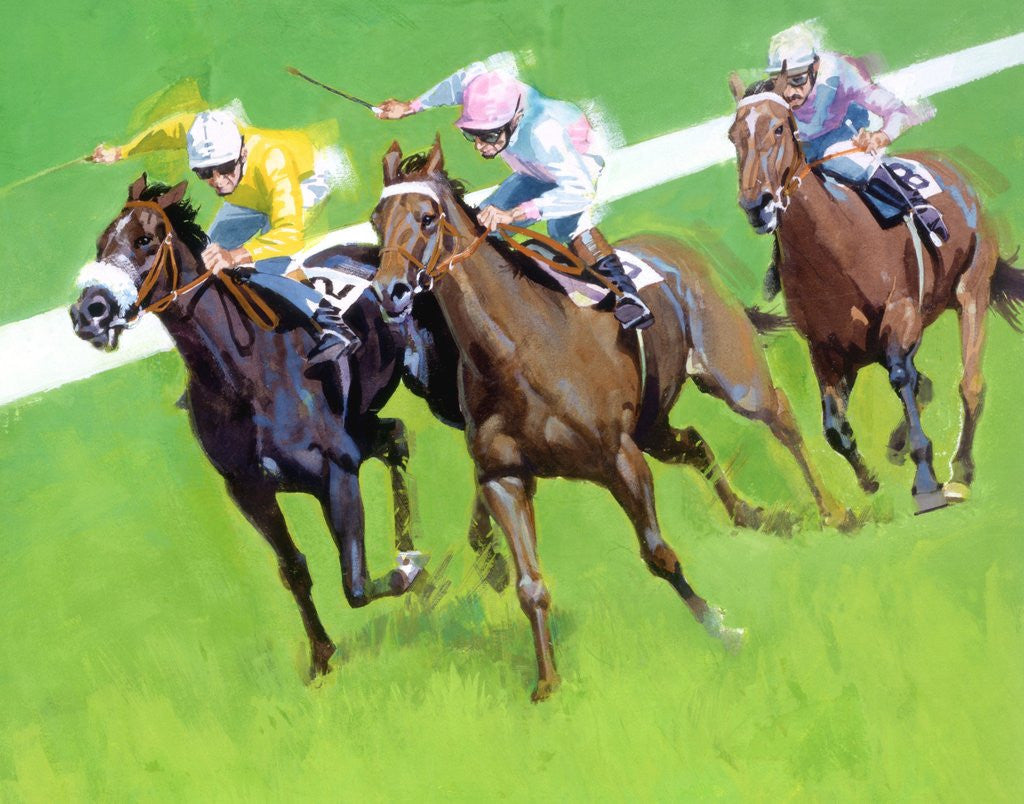 Detail of Three horses racing on a track by Corbis
