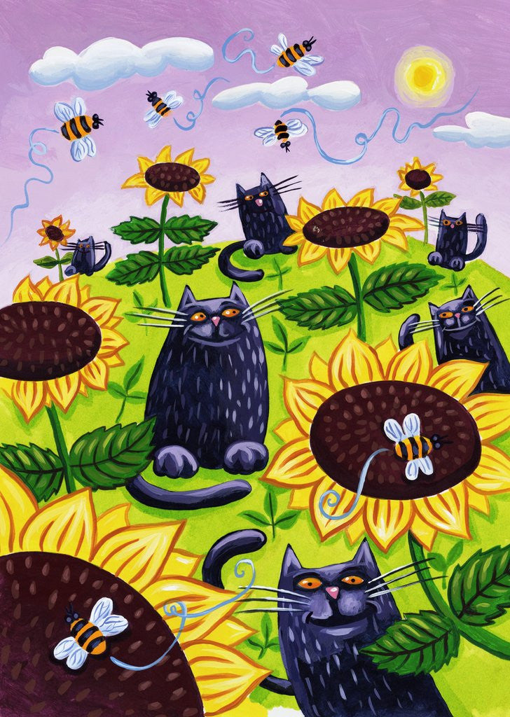 Detail of Black Cats Watching Honeybees on Sunflowers by Anonymous
