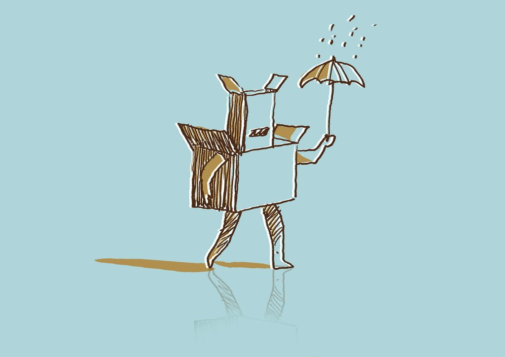 Detail of Box man walking through the rain by Anonymous