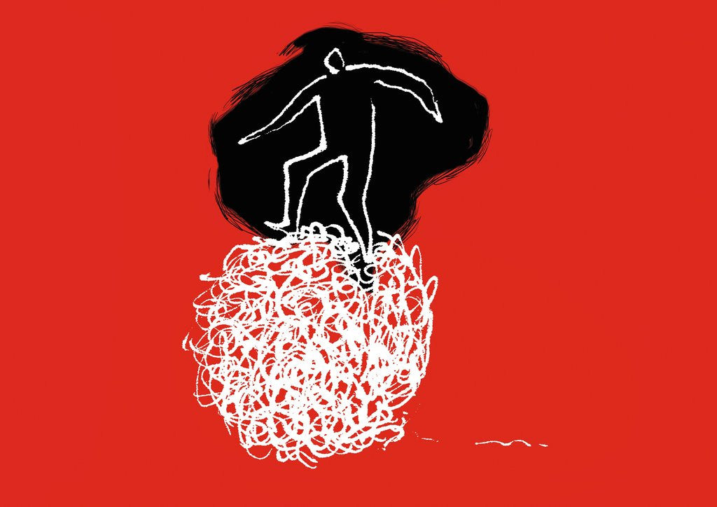 Detail of One person balancing on a tangled ball of string by Anonymous