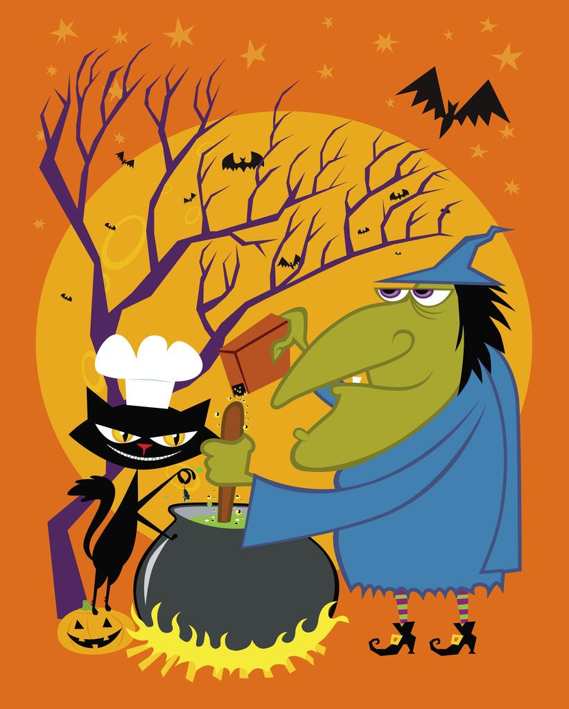 Detail of Black cat and old witch brewing a devious concoction by Anonymous