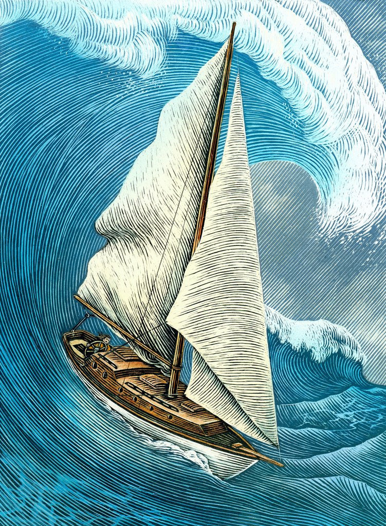 Detail of Sailboat caught in front of a large swell by Anonymous