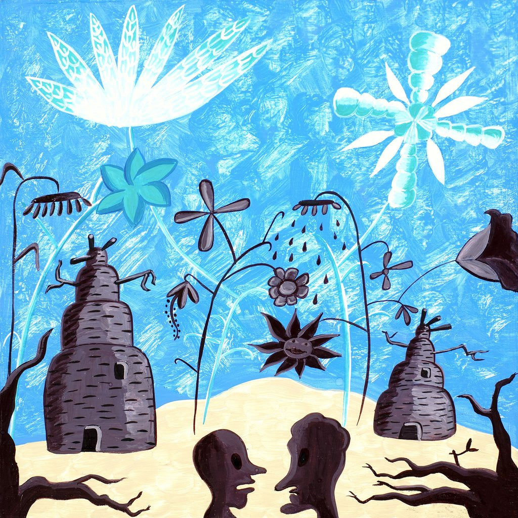 Detail of People talking in the foreground of a prehistoric scene by Anonymous