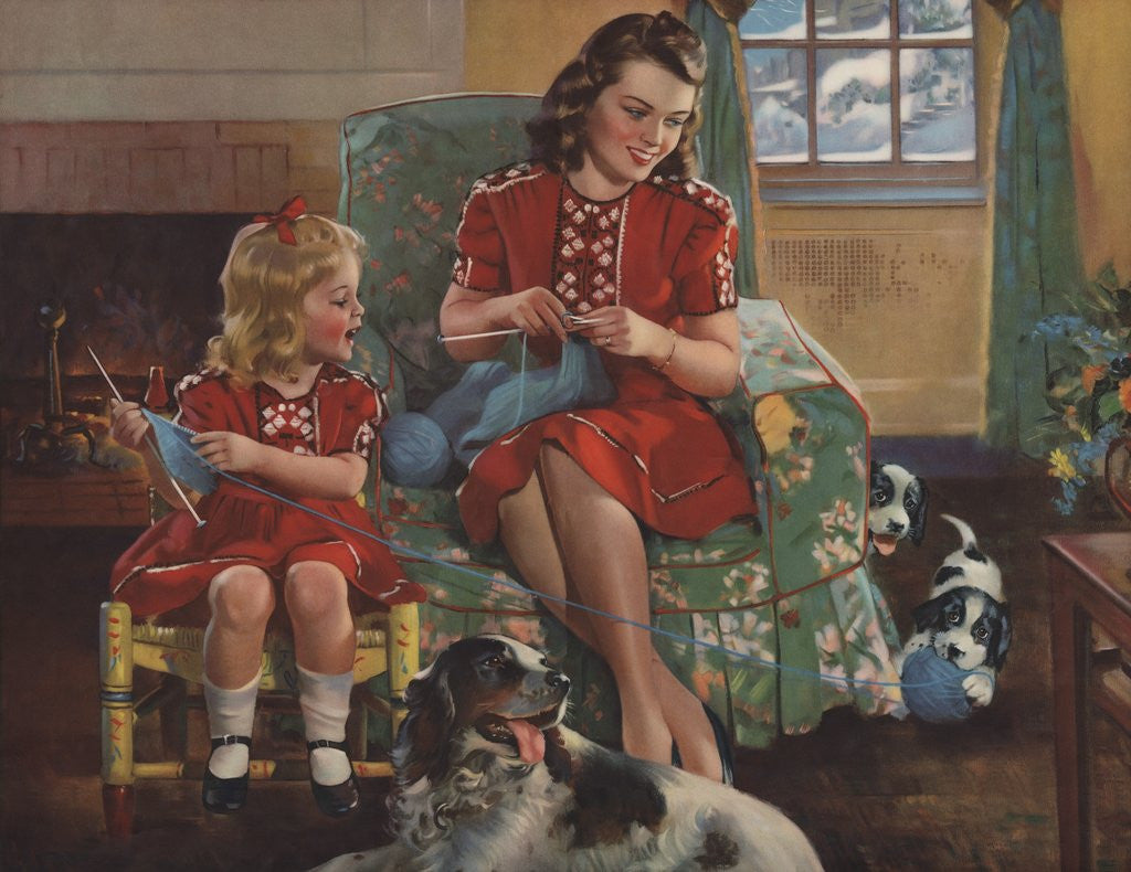 Detail of Calendar Illustration of Mother and Daughter Knitting by F. Sands Bruner