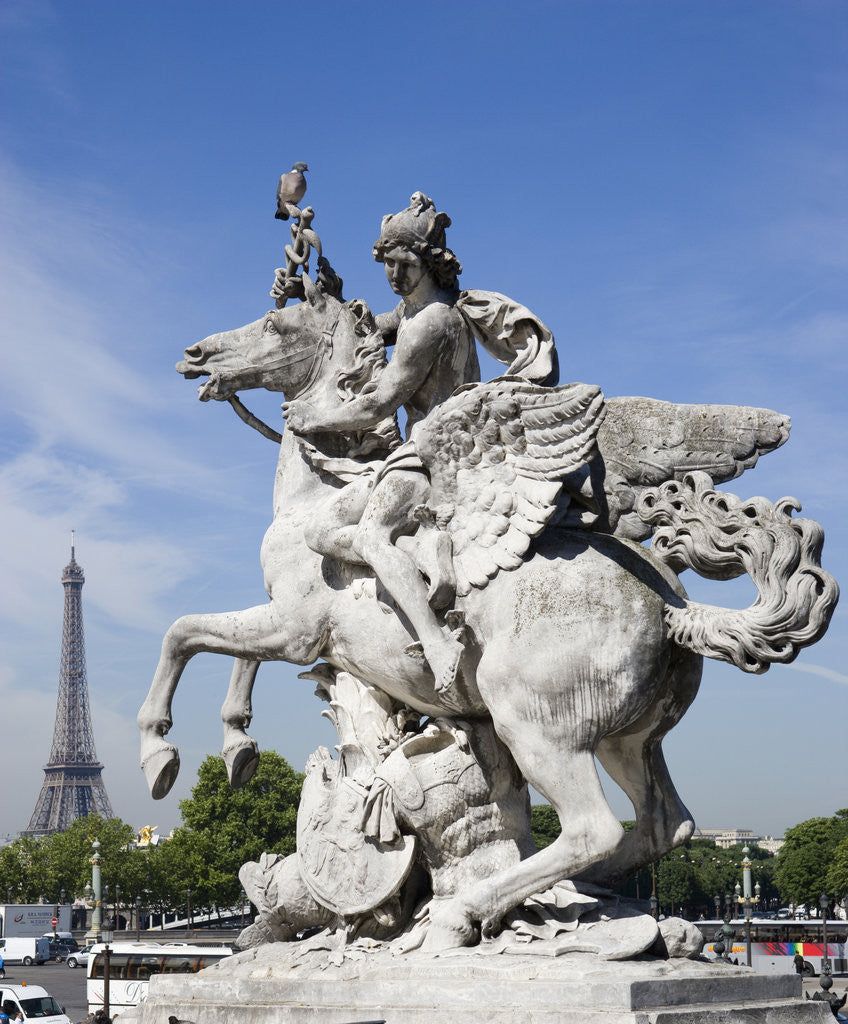 Detail of Statue of Deity Riding Winged Horse with Eiffel Tower in Background by Corbis