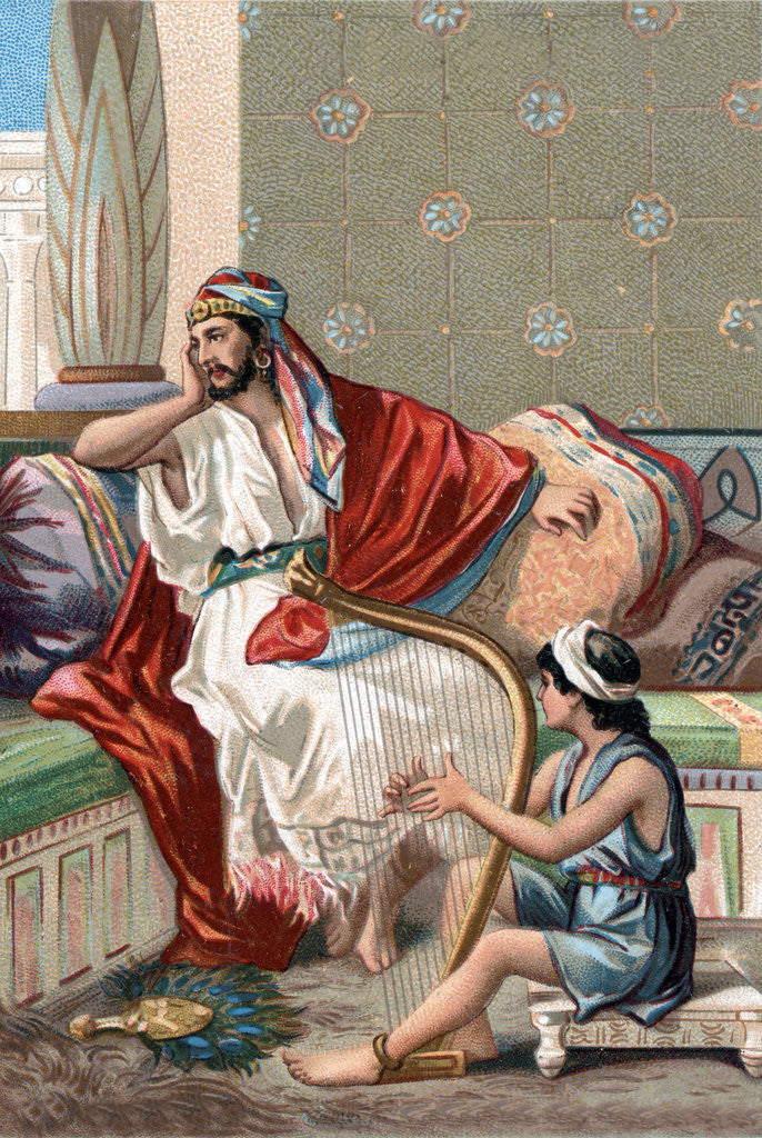 Detail of Illustration of David Playing the Harp for King Saul by Corbis