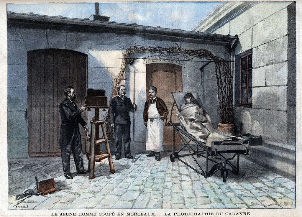Detail of Illustration of Alphonse Bertillon Photographing a Mutilated Corpse by Corbis