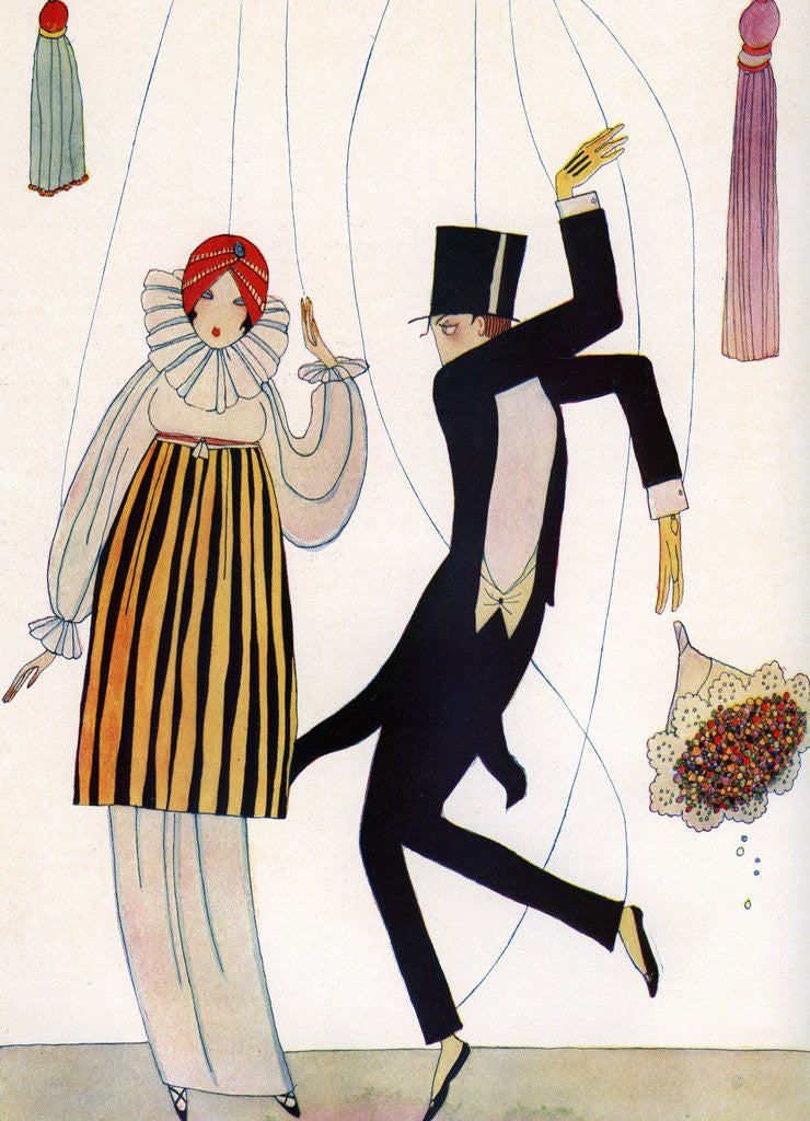 Detail of Illustration of Fashionable Couple as Marionettes by Corbis
