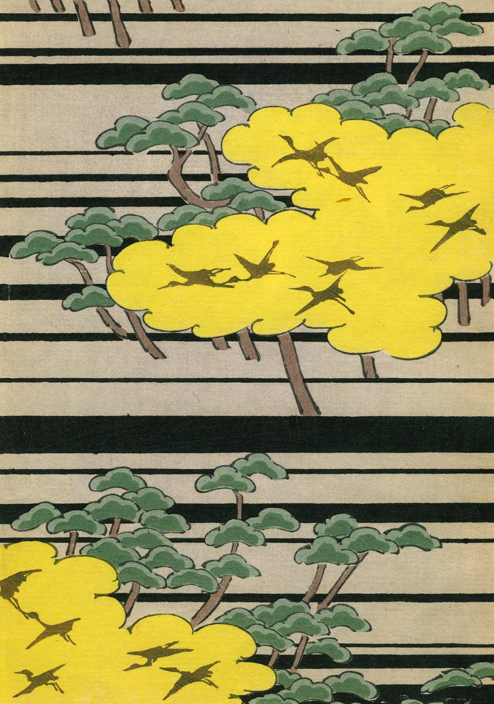Detail of Illustration of Yellow and Green Trees with Cranes by Anonymous