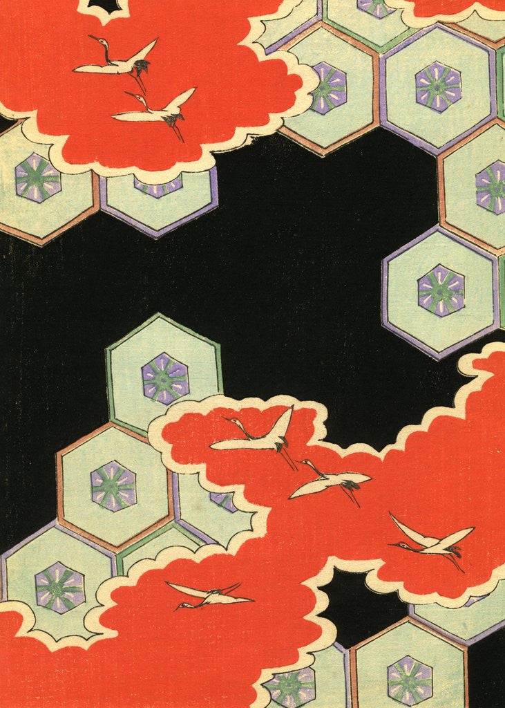 Detail of Illustration of Red Clouds with Cranes on a Black Background by Anonymous