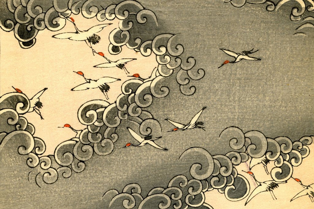 Detail of Illustration of Cranes Flying in Grey Clouds by Corbis